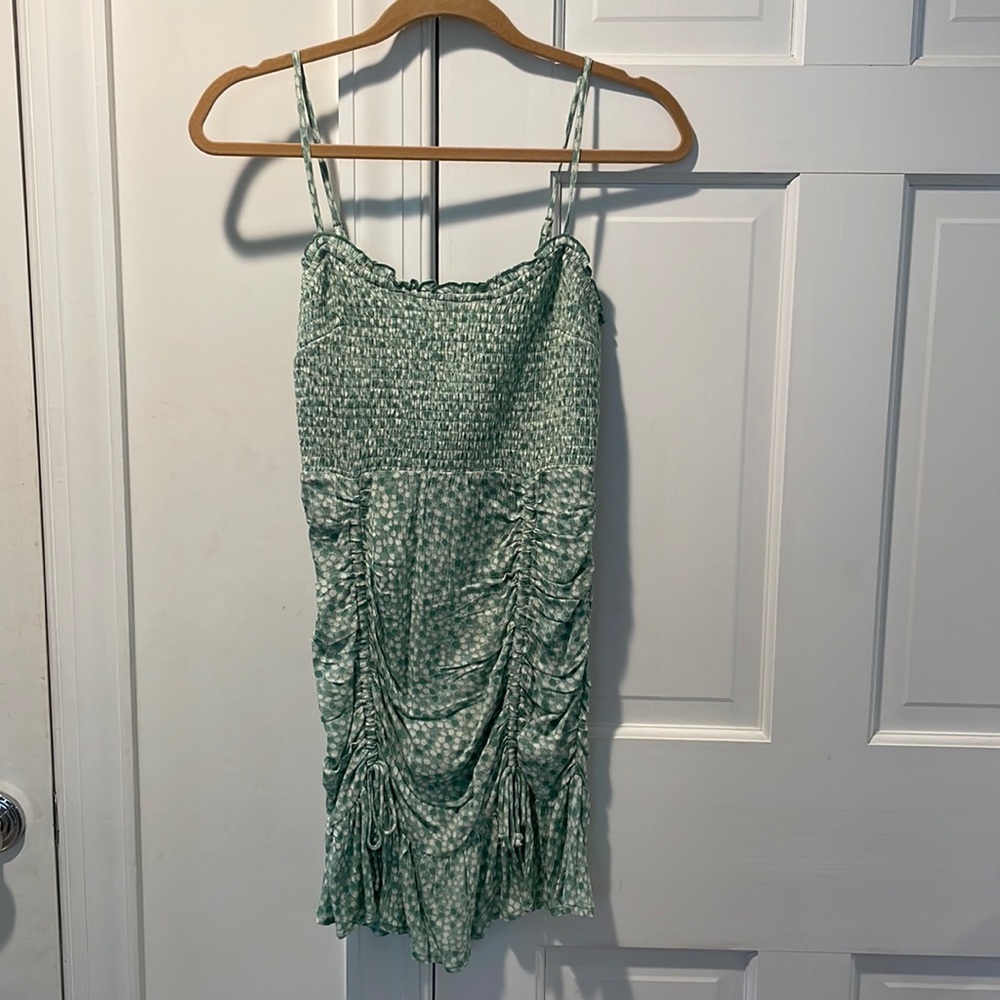 Green printed smocked mini dress